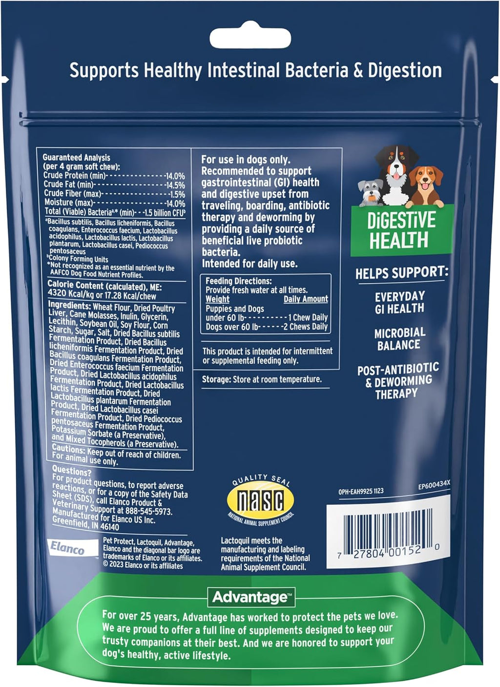 Suplemento para la Salud Digestiva con Probióticos para Perros, Lactoquil formulado por veterinarios, Golosinas blandas sabor a pollo (60 unidades)