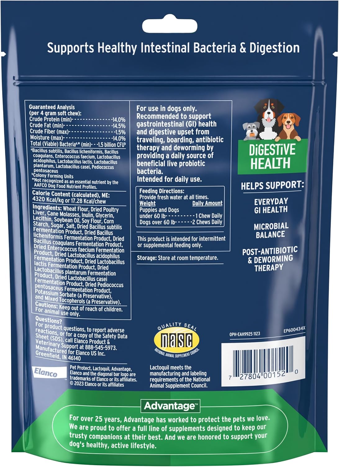 Suplemento para la Salud Digestiva con Probióticos para Perros, Lactoquil formulado por veterinarios, Golosinas blandas sabor a pollo (60 unidades)