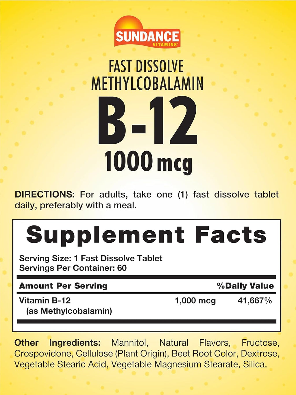Sundance Vitamina B12 1000 mcg - Comprimidos de disolución rápida - Metilcobalamina - Suplemento vegano, sin gluten y no transgénico