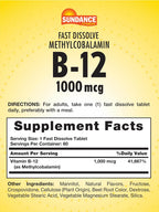 Sundance Vitamina B12 1000 mcg - Comprimidos de disolución rápida - Metilcobalamina - Suplemento vegano, sin gluten y no transgénico