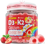 Gominolas líquidas de vitamina D3, K2 y calcio para niños y adolescentes, 1000 UI / 2000 UI D3 con magnesio, omega-3 de algas, vitaminas para huesos y dientes, absorción de calcio, cerebro e inmunidad, sin azúcar, pack de 2