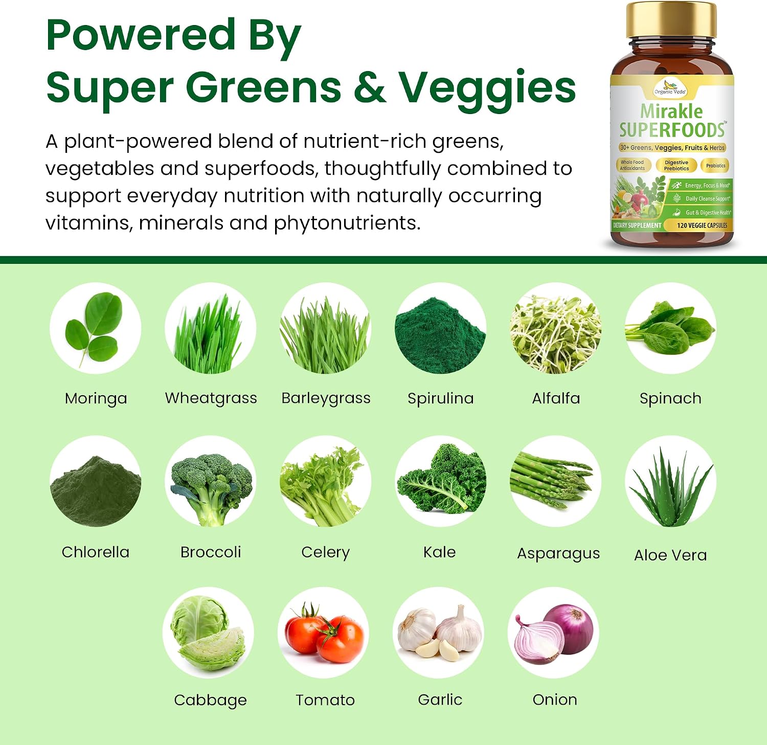 Organic Veda Mirakle Superfoods - Superalimentos Verdes con Probióticos, 40+ Nutrientes Orgánicos, Vitamina C y Resveratrol - 120 Cápsulas