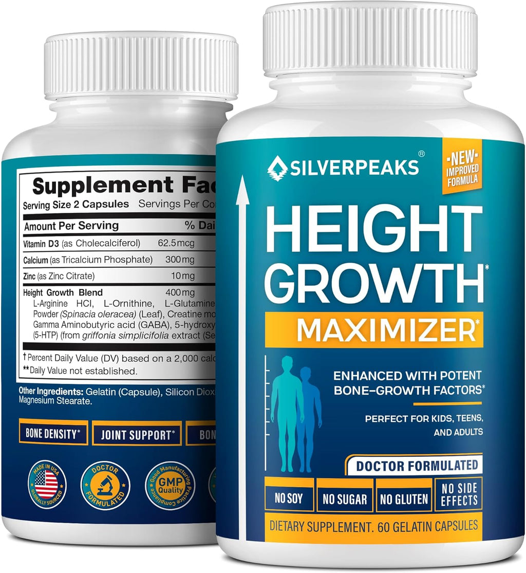 SILVERPEAKS Height Growth Maximizer - 60 Cápsulas con Calcio, Zinc, GABA y Vitamina D3
