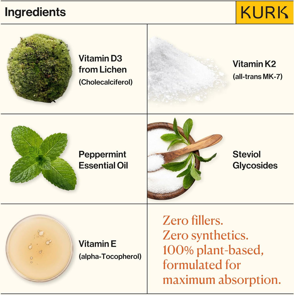 Kurk Spray Vegano de Vitamina D3+K2, 3000UI D3 y 150mcg K2 MK-7, Sabor Menta (30ml)