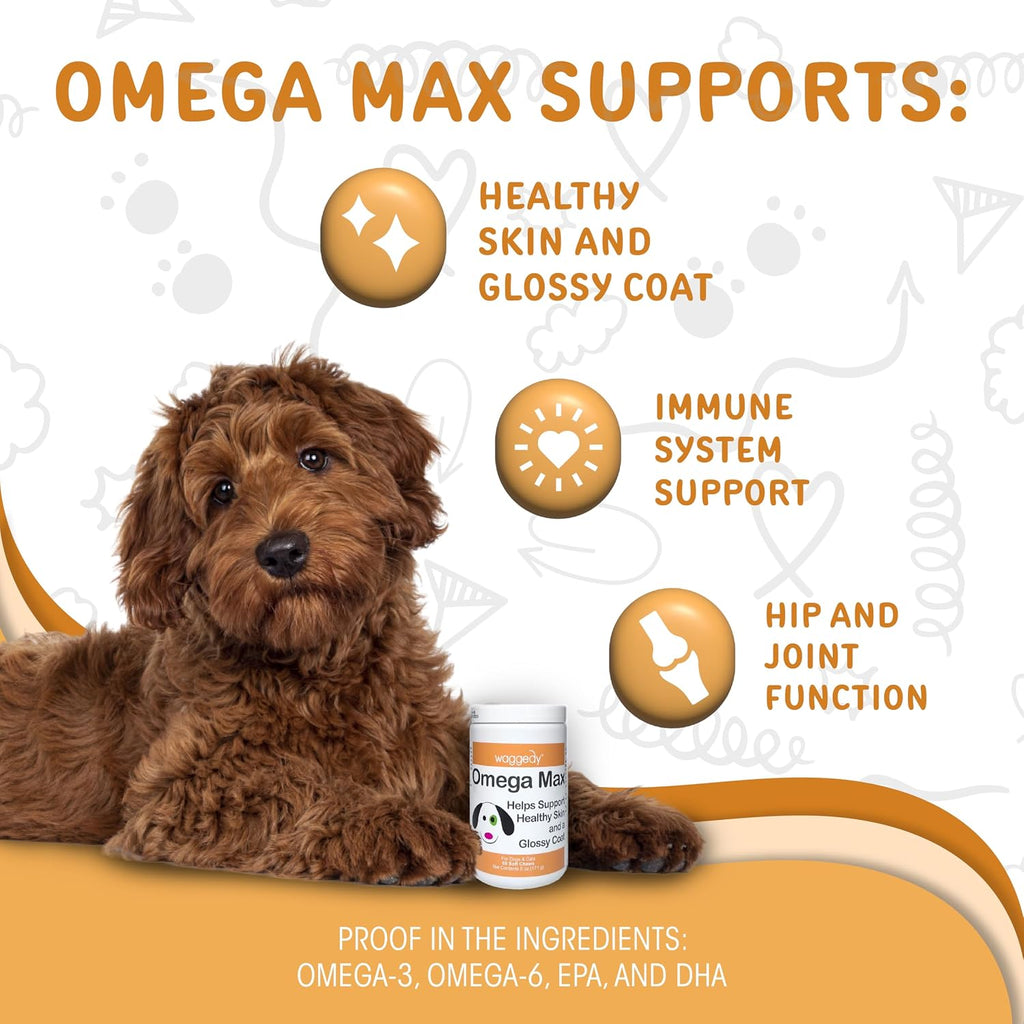 Waggedy Omega Max Chews para perros con aceite de salmón y linaza, 60 unidades.