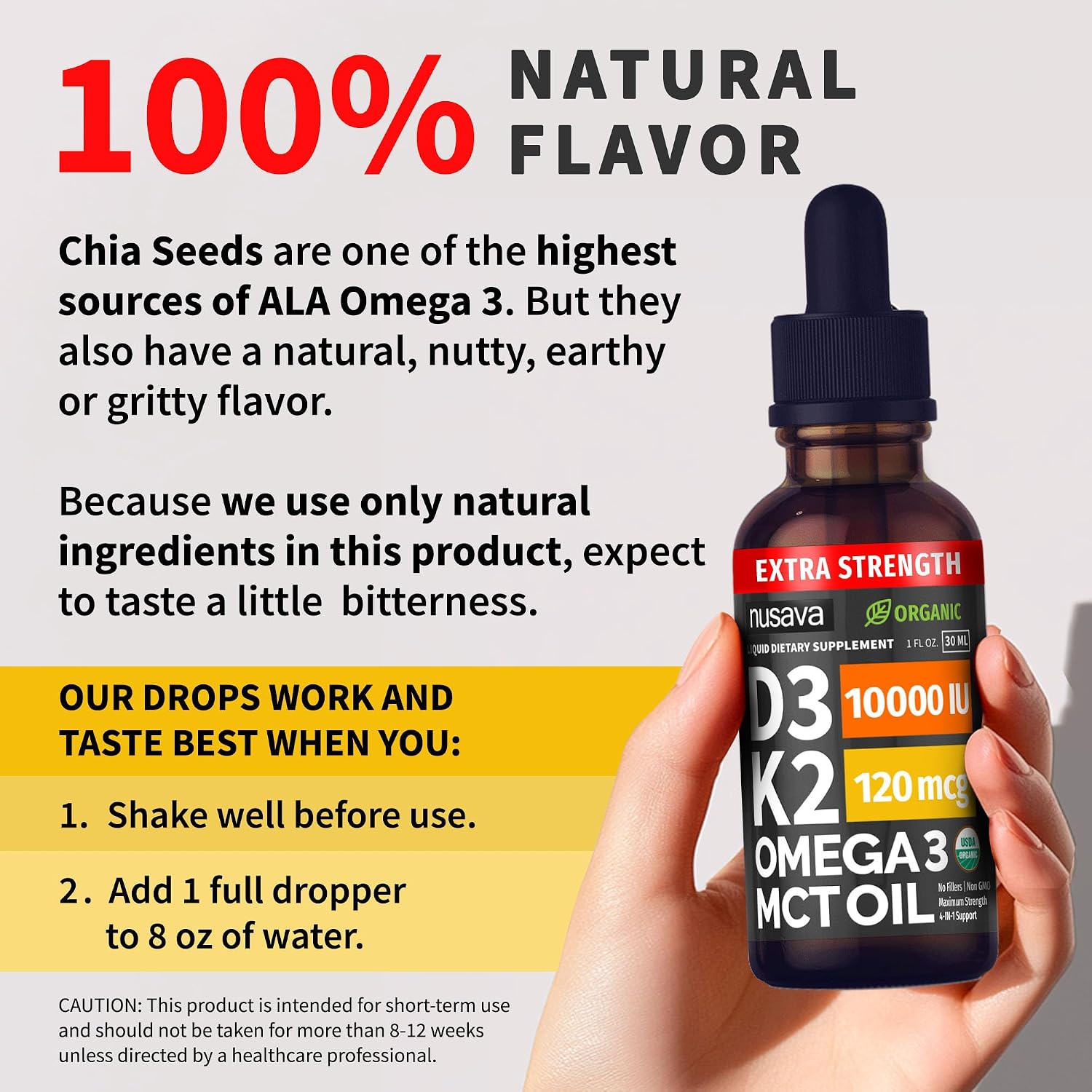 NUSAVA Gotas Extra Fuertes de Vitamina D3 y K2 Orgánicas con Aceite MCT y Omega 3 - 10000 UI, Sin Rellenos, No GMO, Sin Sabor (2 Paquete de 60 ml)