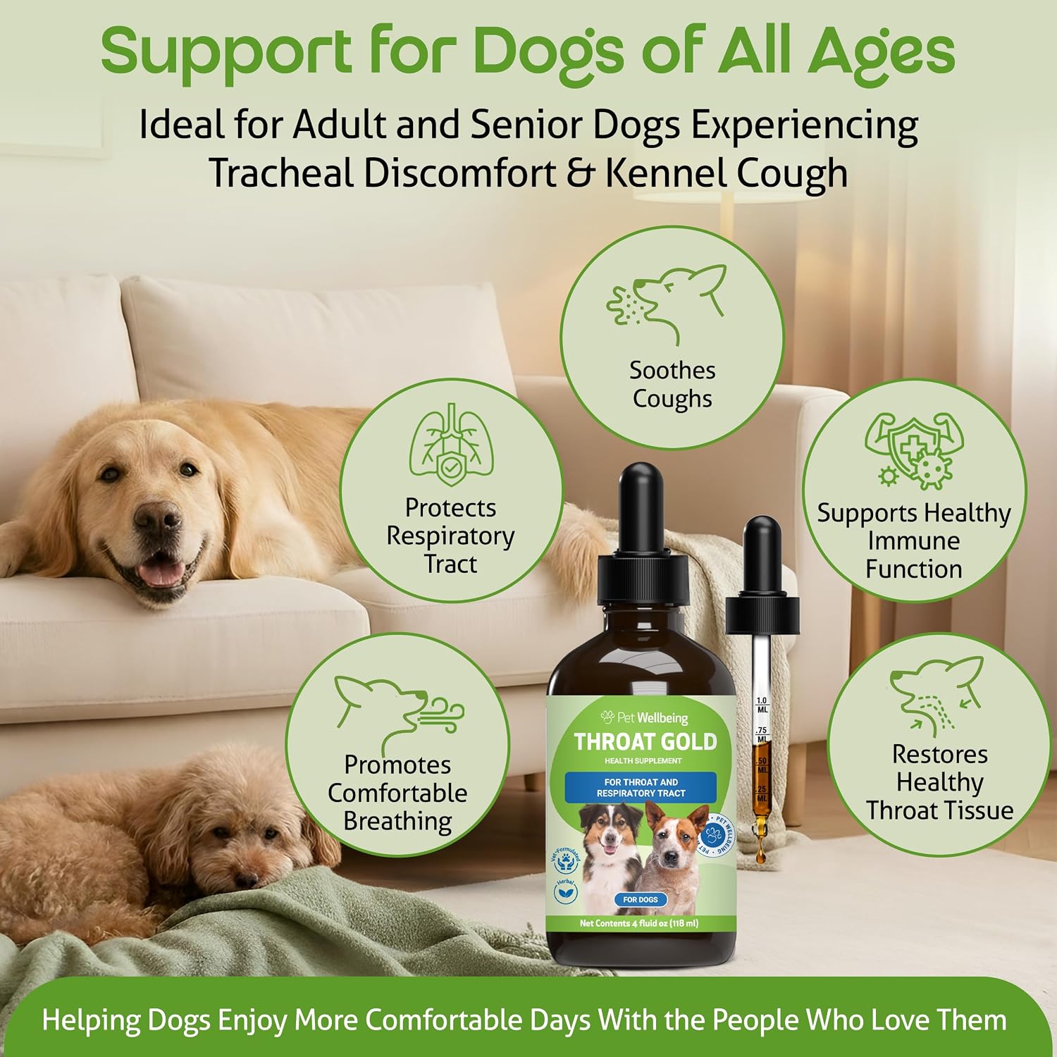 Pet Wellbeing Throat Gold para Perros - Fórmula Líquida 118 ml