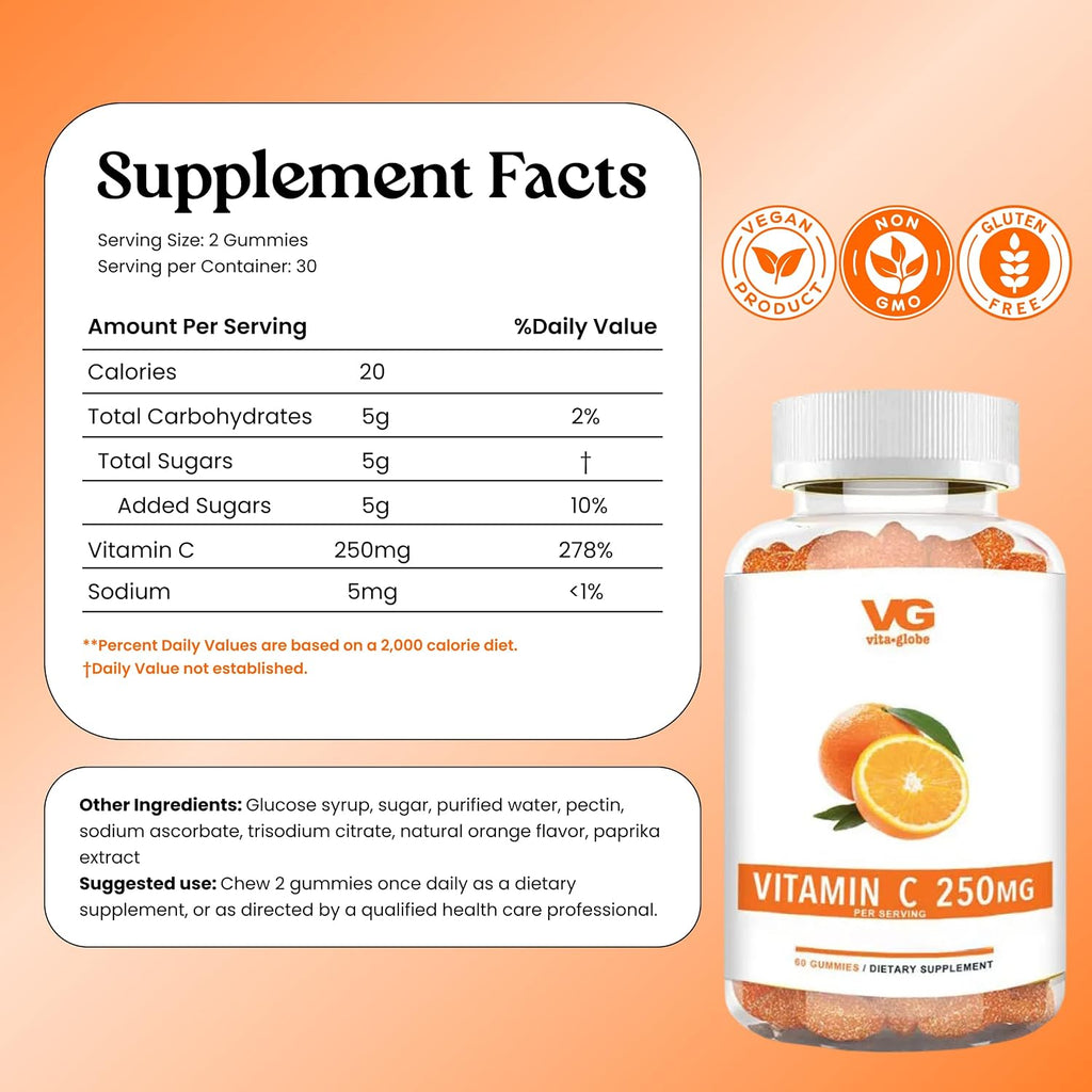 VITA GLOBE Gomitas de Vitamina C 250 mg con Colágeno, Vegano, Sabor Naranja, 60 unidades (Paquete de 2)