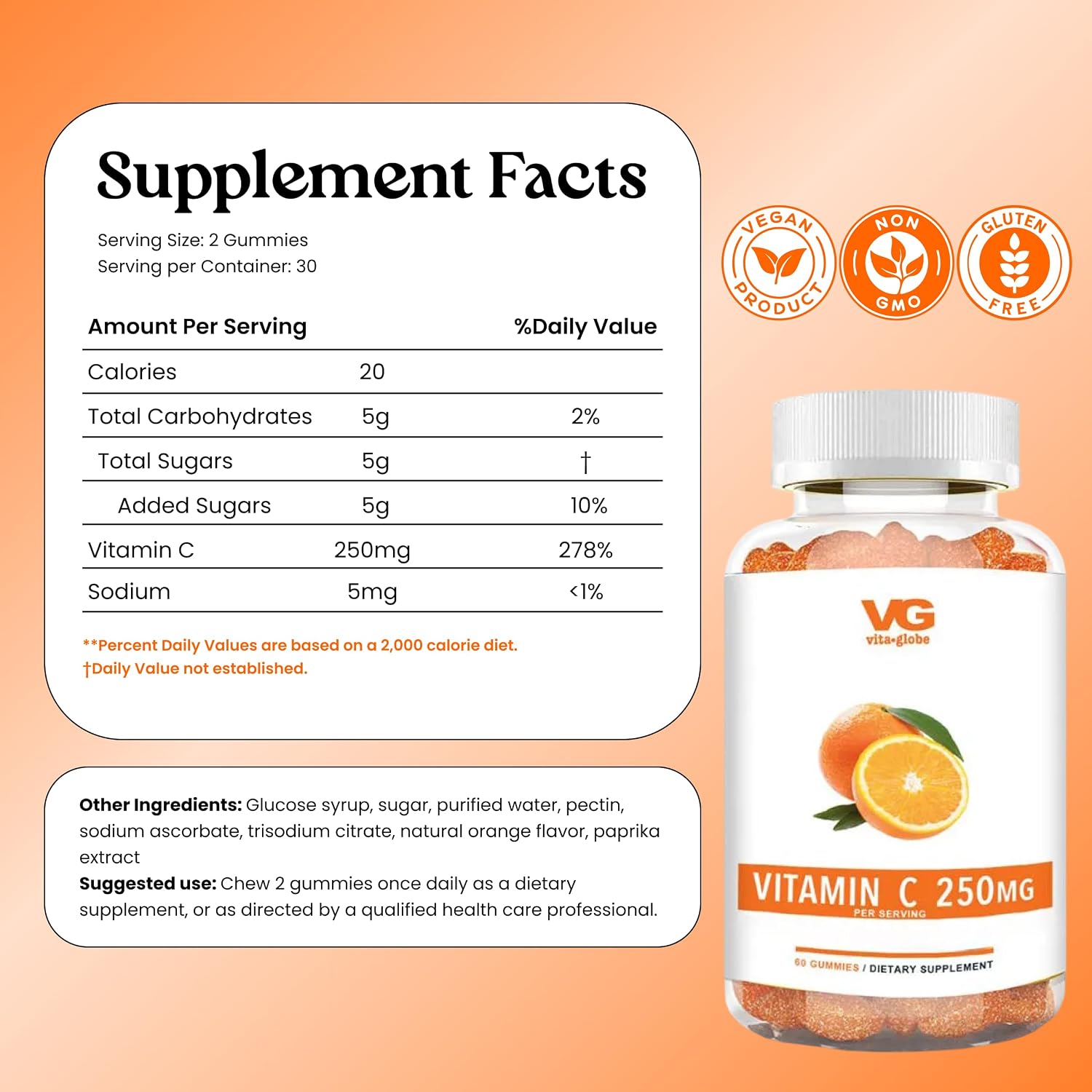 VITA GLOBE Gomitas de Vitamina C 250 mg con Colágeno, Vegano, Sabor Naranja, 60 unidades (Paquete de 2)