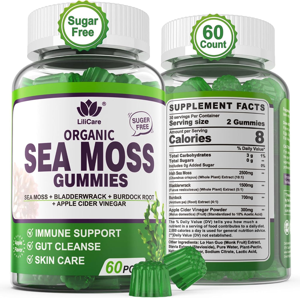 Sea Moss Gummies (2 Pack) - Gomitas de Musgo Marino Irlandés con Bladderwrack, Bardana y Vinagre de Manzana - Suplemento Superfood Vegano Sin Azúcar para Adultos y Niños