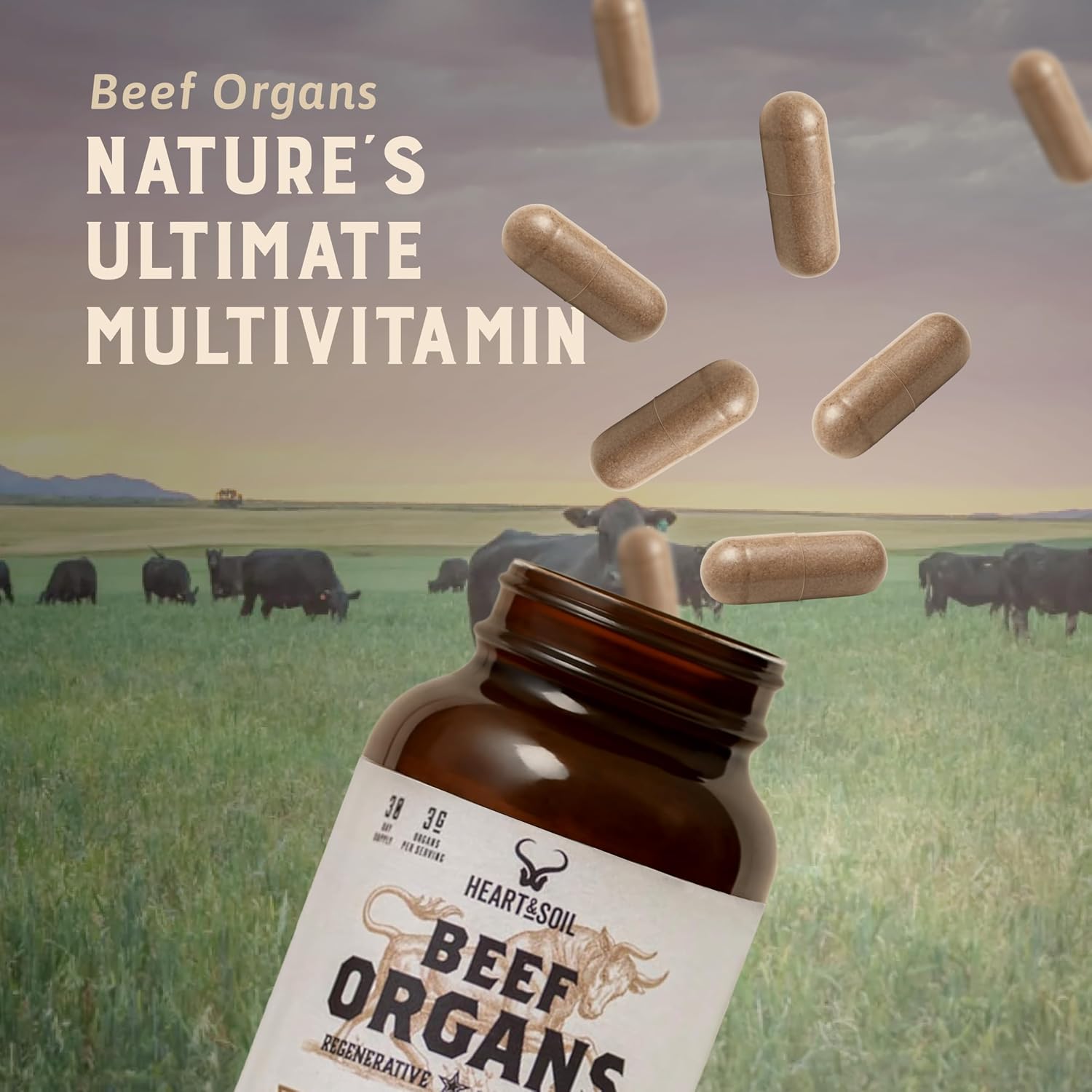 HEART & SOIL – Órganos de Res 100% Alimentados con Pasto – 3000mg – 180 Cápsulas