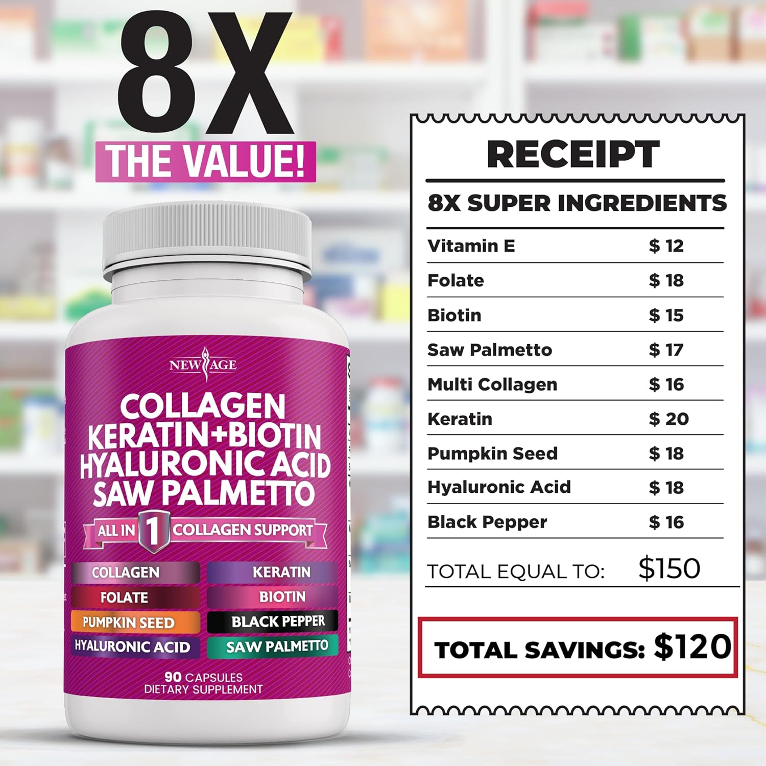 NEW AGE Cápsulas de Colágeno con Biotina, Keratina, Saw Palmetto y Ácido Hialurónico - 90 unidades
