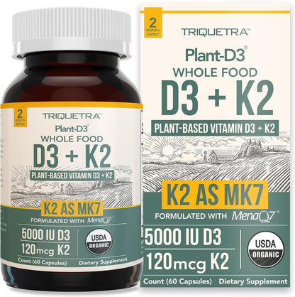 Organic Plant D3 + K2 | 5000 UI D3 + 120 mcg – La vitamina D contribuye a la absorción y utilización normal del – Image 1