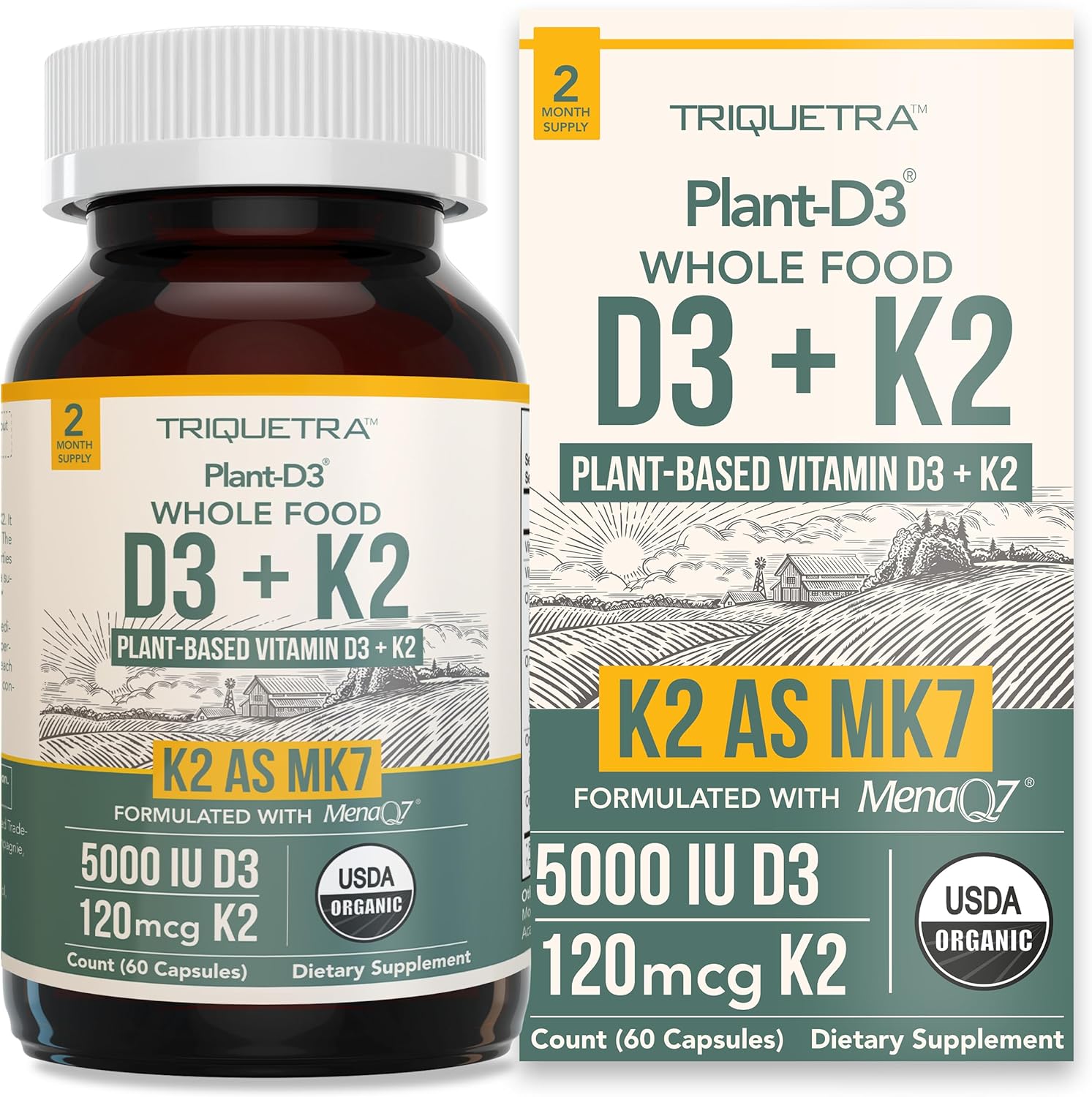Organic Plant D3 + K2 - 5000 UI D3 + 120 mcg K2 MK7 - 60 Cápsulas