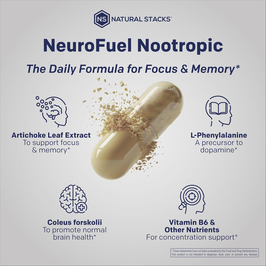 Natural Stacks NeuroFuel Original - Suplemento Nootrópico para la Concentración y Memoria - 75 Cápsulas