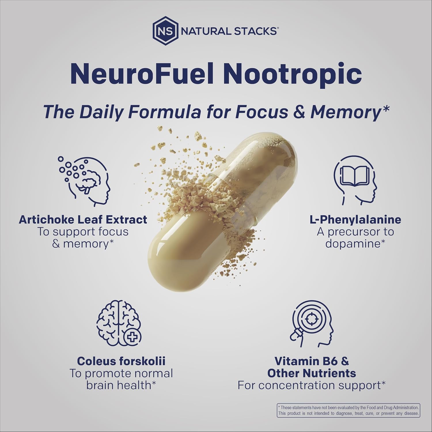 Natural Stacks NeuroFuel Original - Suplemento Nootrópico para la Concentración y Memoria - 75 Cápsulas