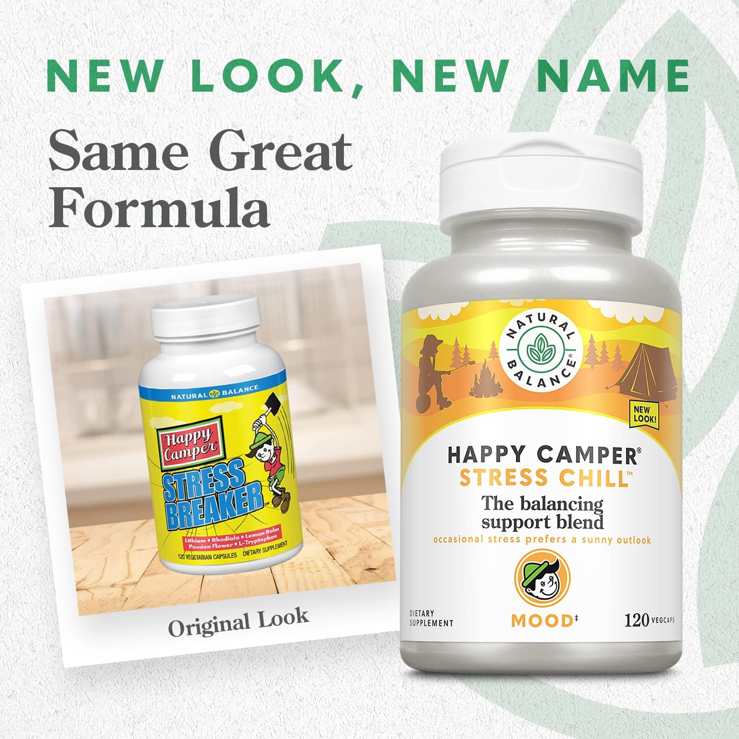 Natural Balance Happy Camper Stress Chill - Suplemento Herbal de Apoyo al Estrés con L-Teanina, Rhodiola Rosea, Vitaminas B y Selenio - 30 Dosis, 120 Cápsulas Vegetales