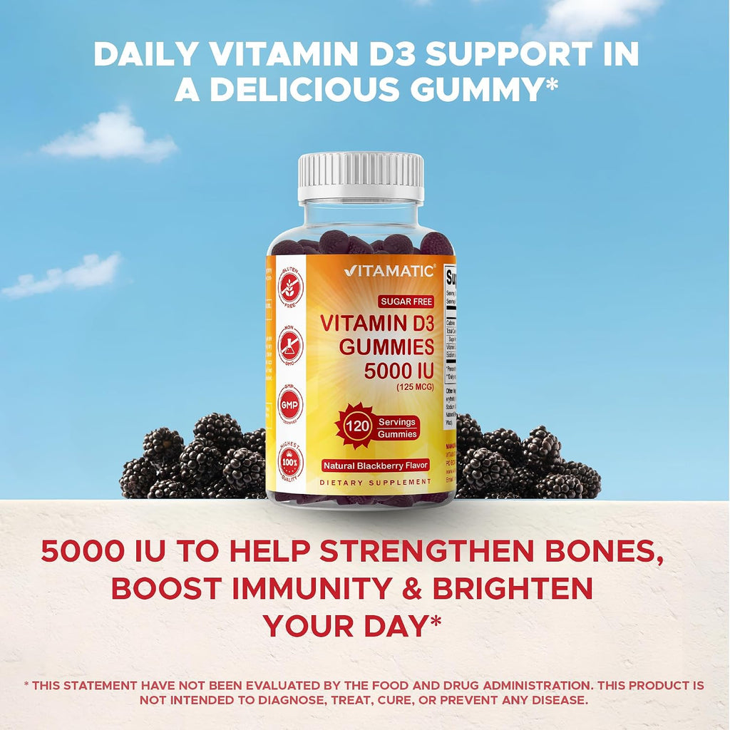 Vitamatic Vitamina D3 5000 UI sin Azúcar - 120 Gominolas - Sabor Mora - Huesos, Estado de Ánimo y Sistema Inmunitario
