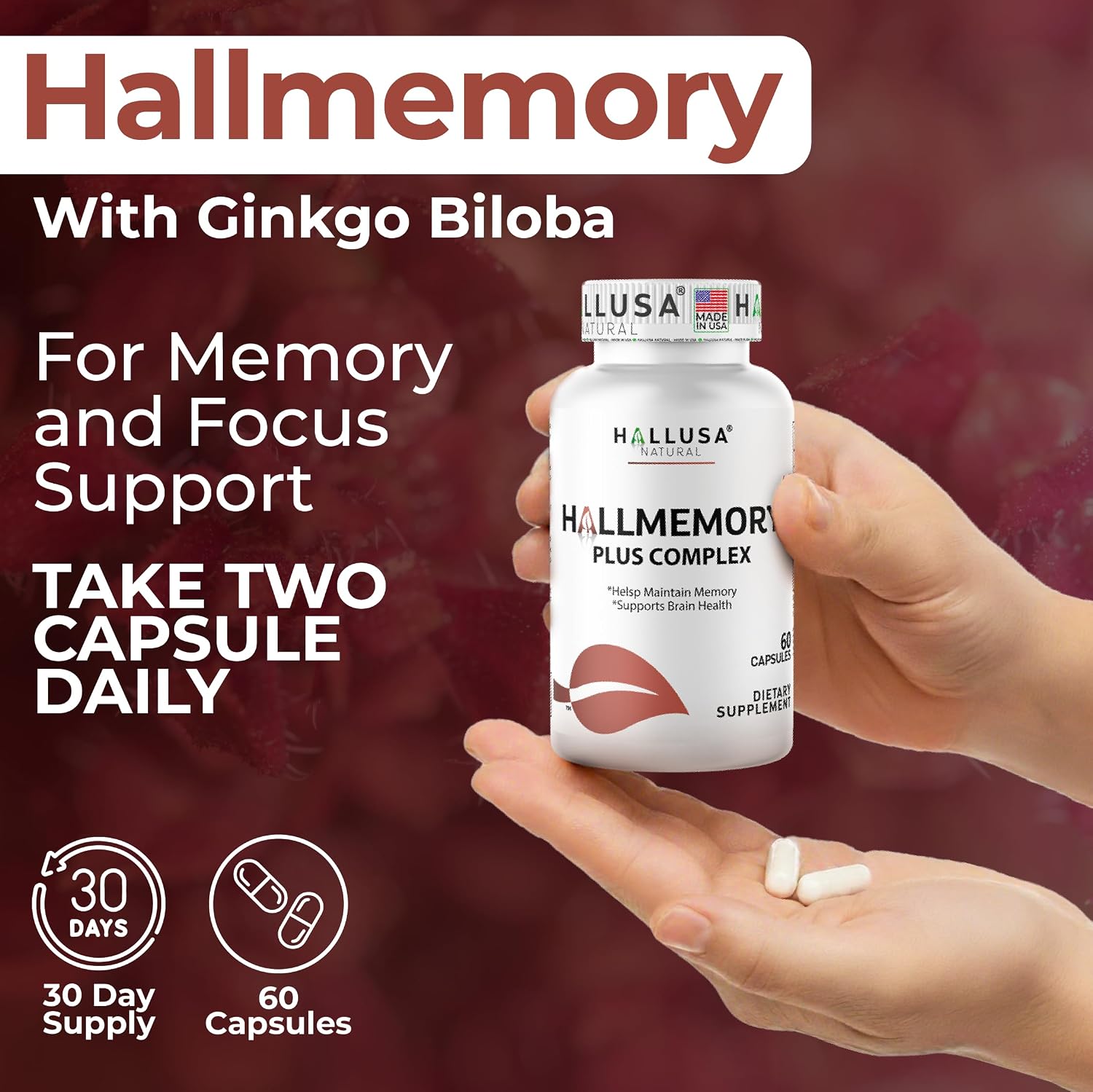 Hallusa Natural Brain Health Supplement - Memoria y Concentración con Ginkgo Biloba, Colina y Complejo B - 60 Cápsulas