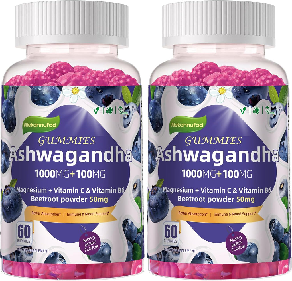 Ashwagandha Gummies 1000mg, 120 Count (2 Pack) – Organic Root Extract, Daily Adaptogen Gummies, Non-GMO, Sugar Free & Gluten Free