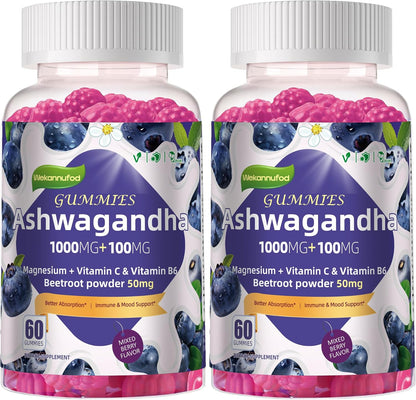 Ashwagandha Gummies 1000mg, 120 Count (2 Pack) – Organic Root Extract, Daily Adaptogen Gummies, Non-GMO, Sugar Free & Gluten – Image 1
