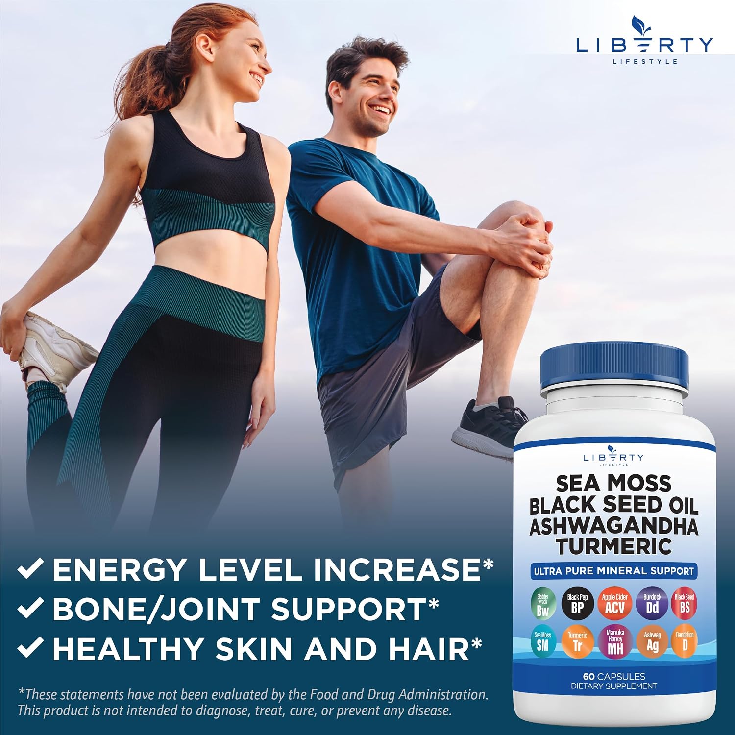 Liberty Lifestyle Sea Moss Black Seed Oil Ashwagandha Turmeric Bladderwrack Burdock - con Manuka, Honey Dandelion, ACV Black Pepper Gluten Free - 1-Pack