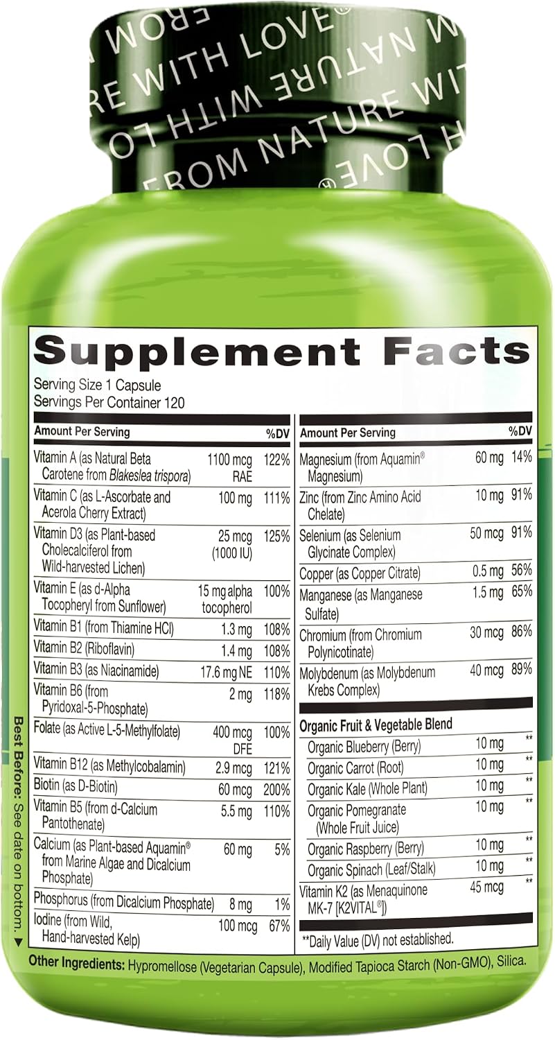 NATURELO Multivitamínico para Hombres 50+ - Complejo Diario con Vitaminas, Minerales y Alimentos Orgánicos, 120 Cápsulas Vegetales