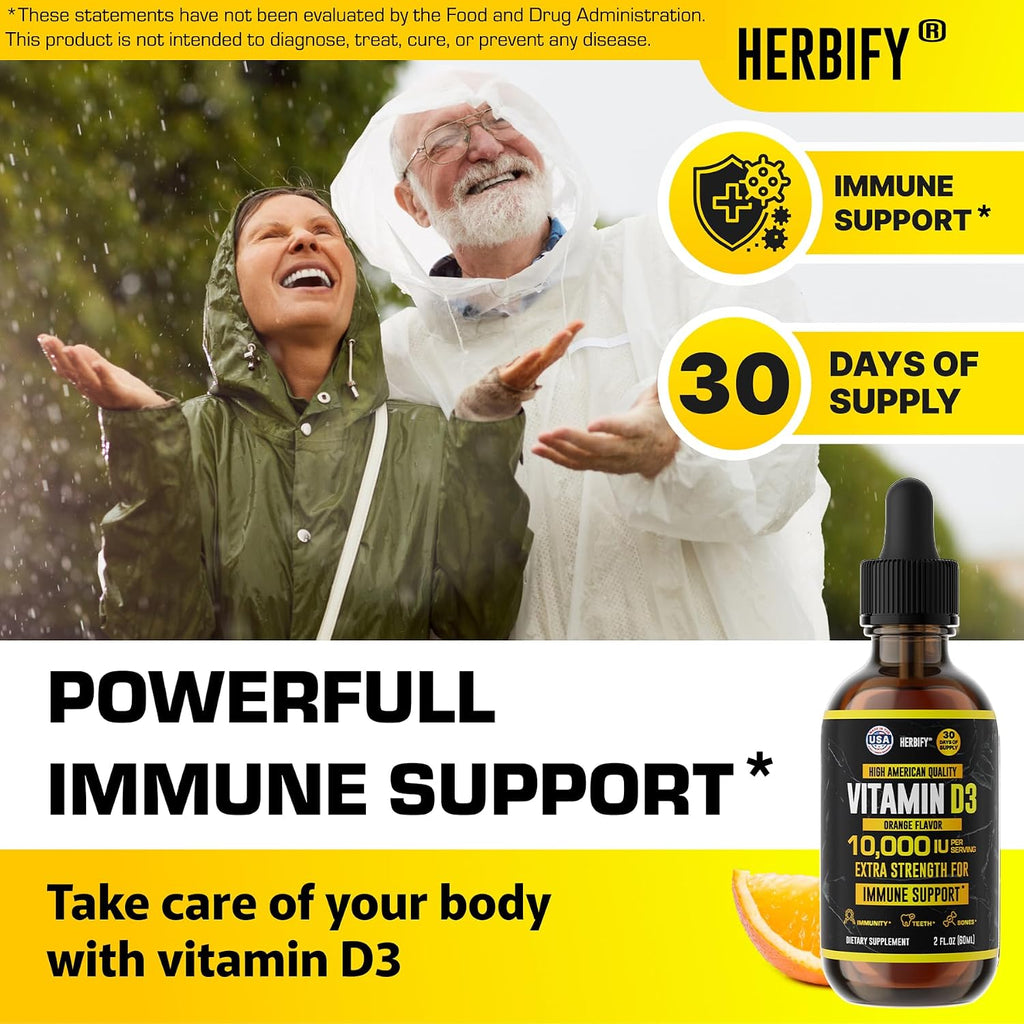 HERBIFY Vitamina D3 10000 UI - Gotas Líquidas - Salud Ósea e Inmunológica - 30 Días - 60 ml