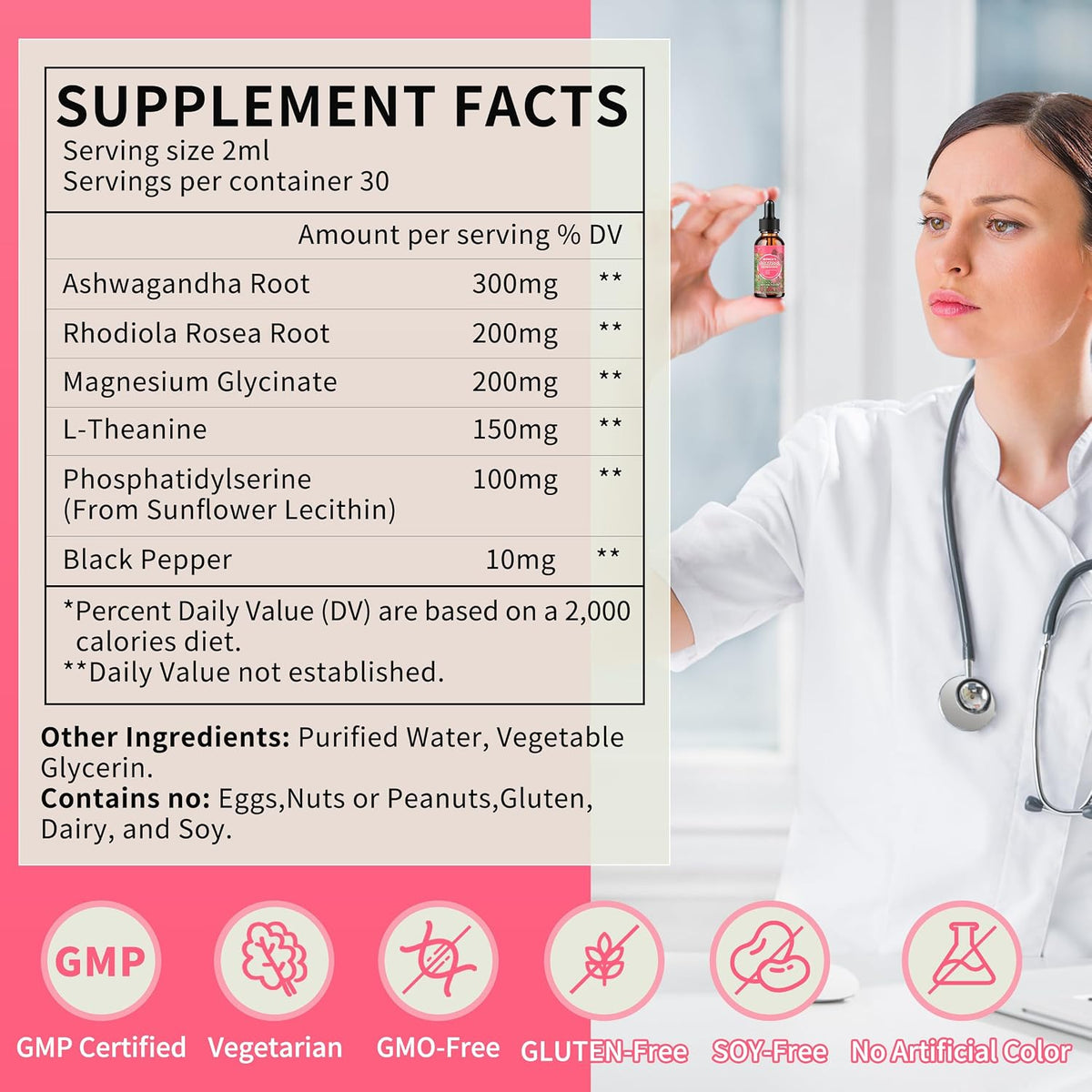 Hudetex Cortisol Supplements for Women Liquid Drops - With Ashwagandha, L-theanine, Phosphatidylserine, Rhodiola Rosea, Plus Black Pepper, Vegan, Natural Flavor, 2 Fl Oz (60 ml) - görsel 3