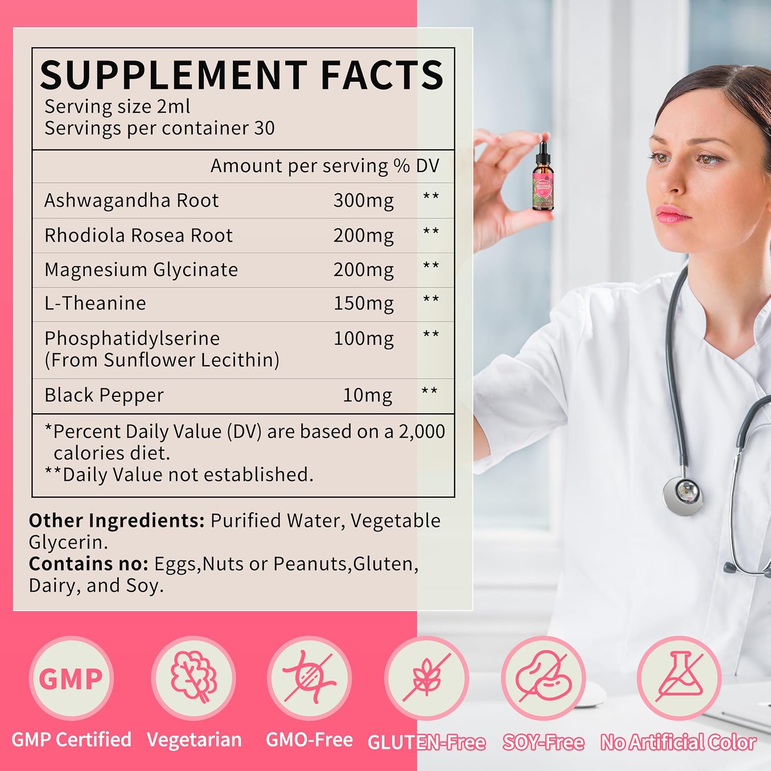 Hudetex Cortisol Supplements for Women Liquid Drops - With Ashwagandha, L-theanine, Phosphatidylserine, Rhodiola Rosea, Plus Black Pepper, Vegan, Natural Flavor, 2 Fl Oz (60 ml)