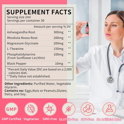 Hudetex Cortisol Supplements for Women Liquid Drops - With Ashwagandha, L-theanine, Phosphatidylserine, Rhodiola Rosea, Plus Black Pepper, Vegan, Natural Flavor, 2 Fl Oz (60 ml)
