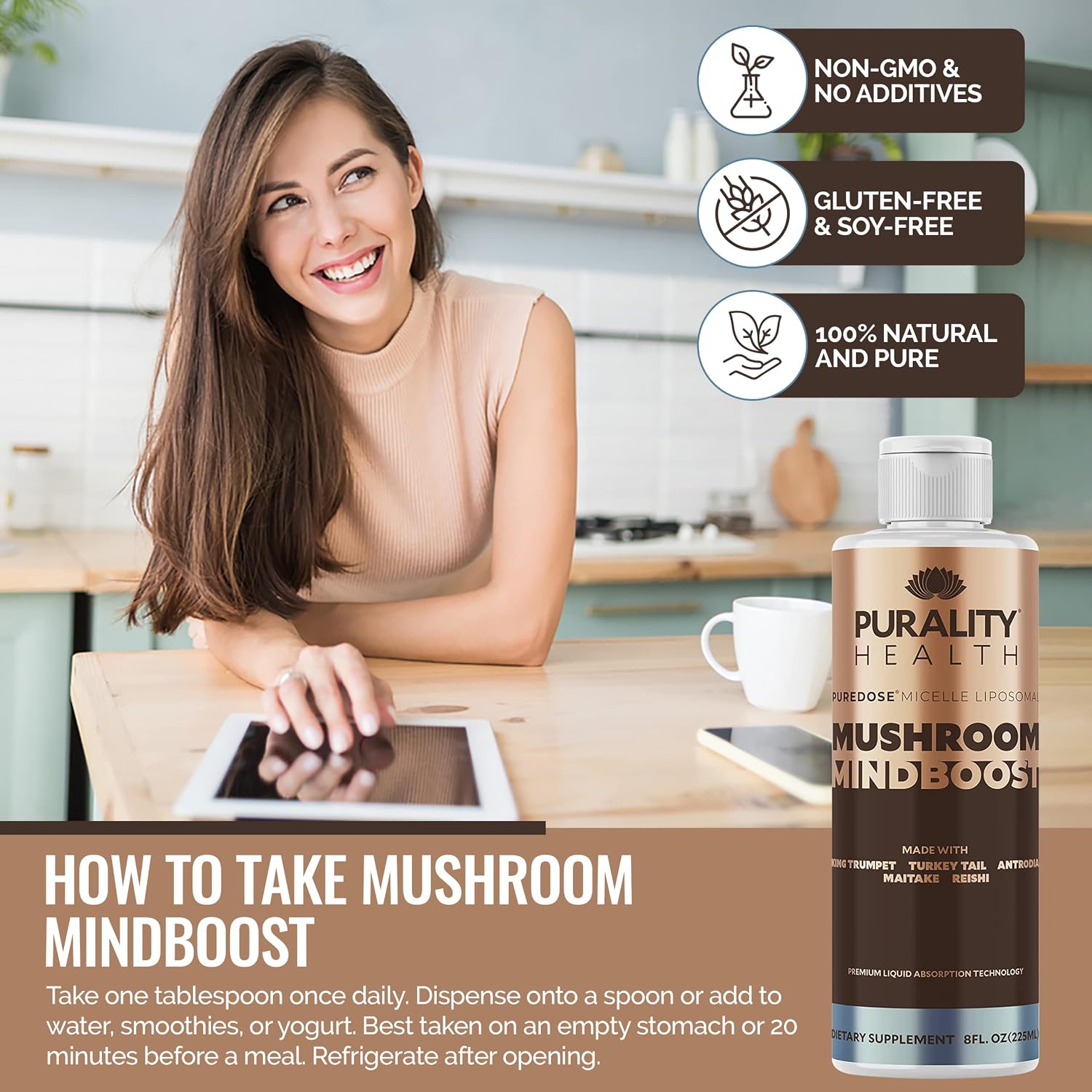 Liposomal Mushroom Mindboost - Mezcla de 5 Hongos - 8 oz (237 ml) - Suplemento Vegano para Energía y Claridad Mental