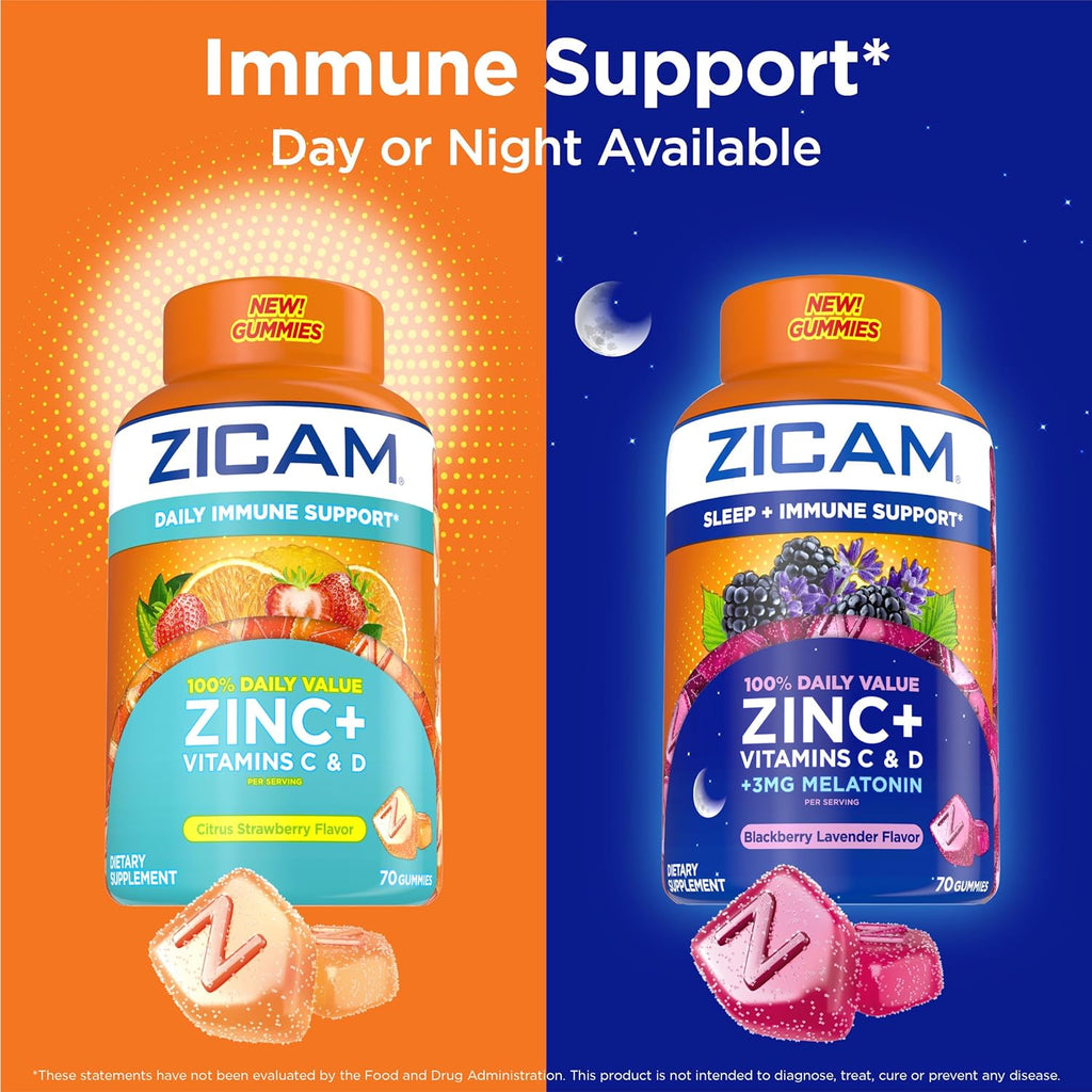 Zicam Gominolas de Apoyo Inmunitario Diario, con Zinc, Vitamina C y D, Sabor Cítrico Fresa, 70 unidades