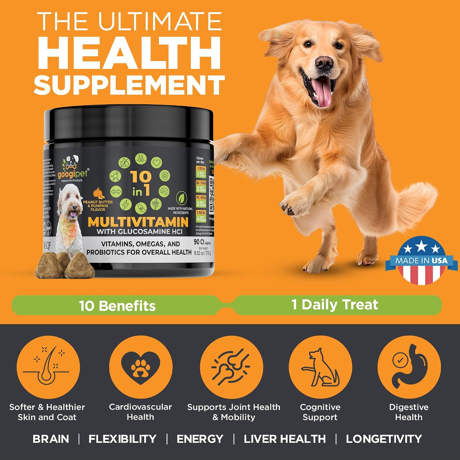 Googipet Multivitamínico Premium para Perros - Masticables con Glucosamina, Probióticos y Omega 3 (Sabor Cacahuete y Calabaza)