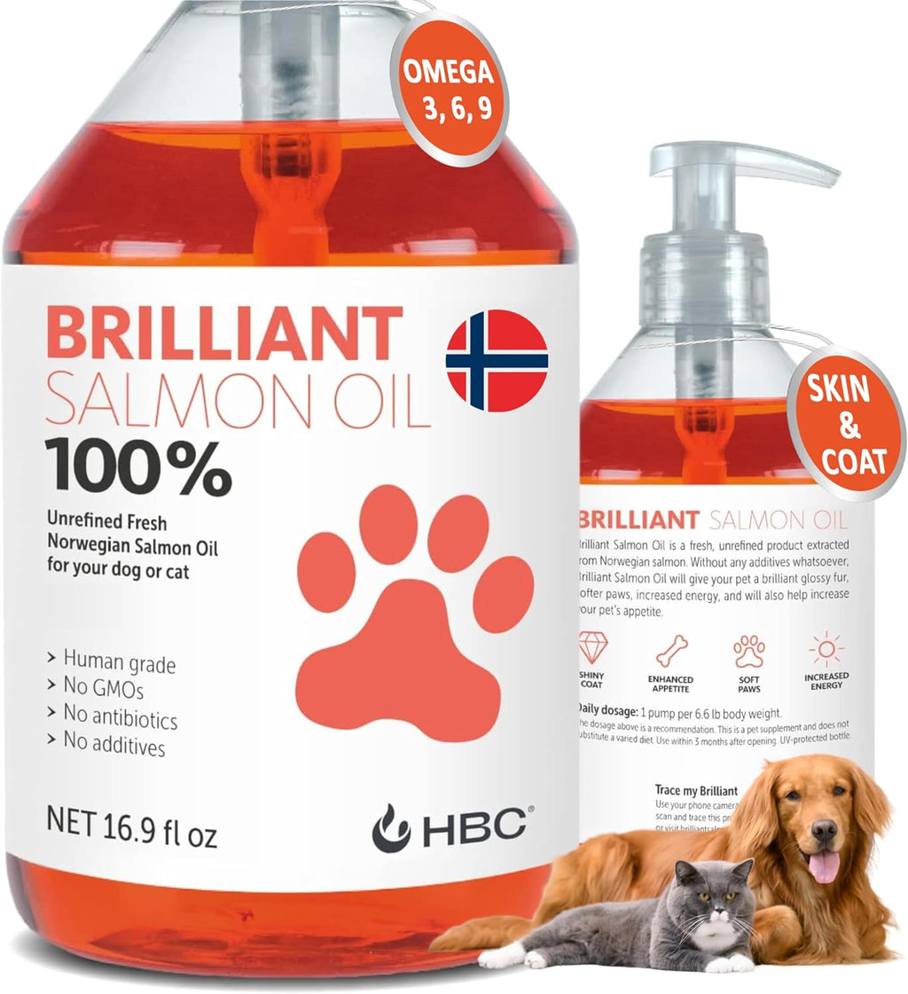 Brilliant Norwegian Salmon Oil for Dogs, Cats, Horse, Ferret - Pure Omega 3, 6 & 9 - 2x500 ml