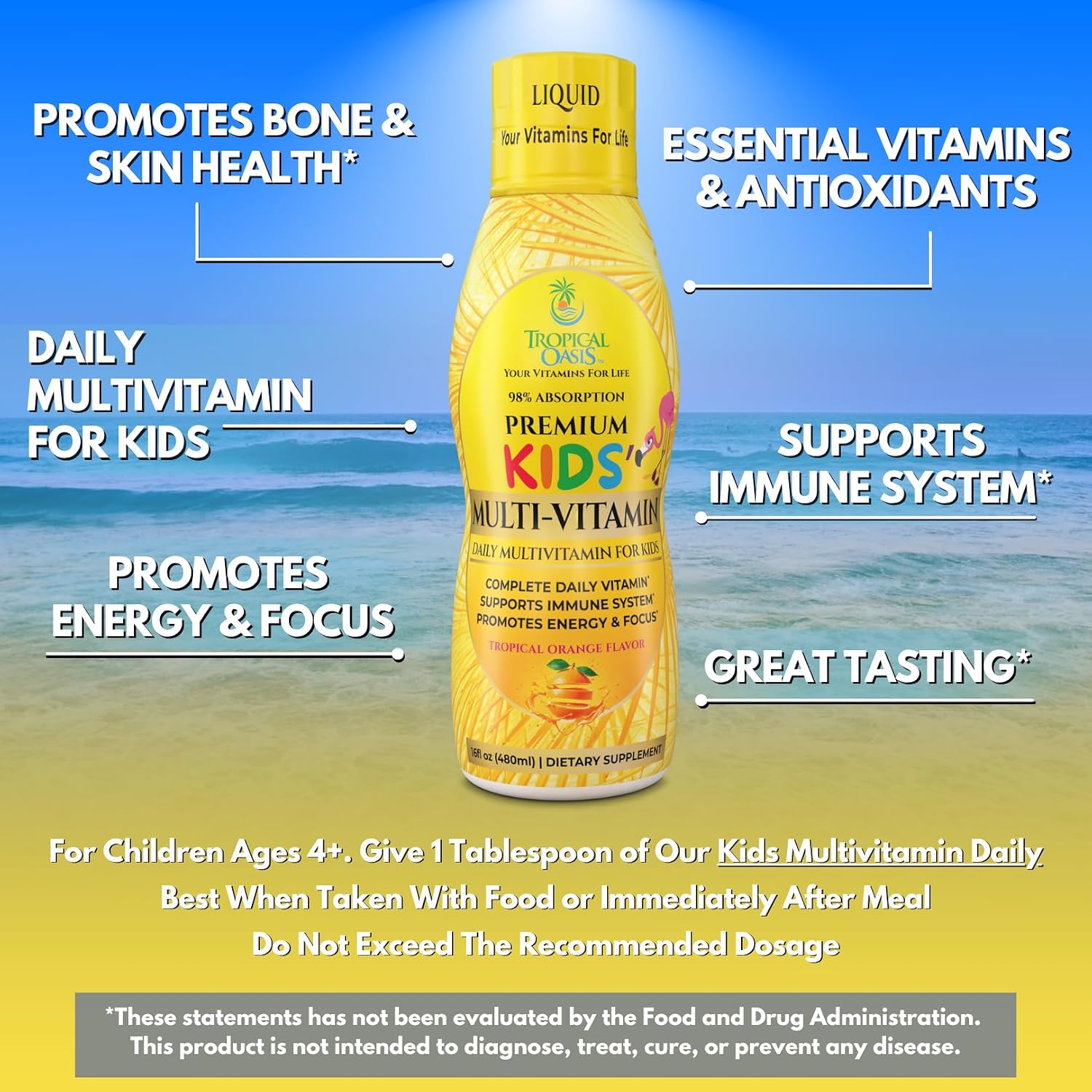 Multivitamínico Líquido Premium para Niños - 14 Vitaminas, Sin Azúcar, Sabor Natural - 473 ml
