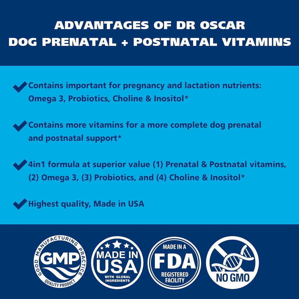 Vitaminas prenatales para perros Dr. Oscar – 2 en 1 prenatales y posnatales con ácido fólico, omega 3, probióticos, colina e inositol – 90 comprimidos