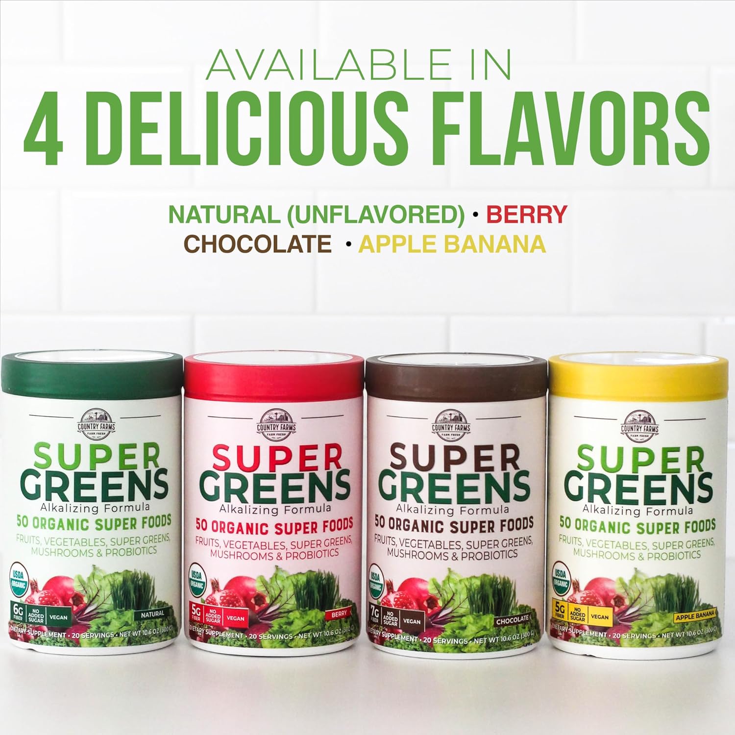 Country Farms Super Greens Apple Banana – Mezcla ecológica en polvo, 40 raciones (2 envases)