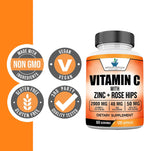 American Standard Supplements Vitamina C 2000mg, Zinc 40mg y Escaramujo 50mg por dosis, Vegano, Sin Gluten, No-GMO (120 cápsulas)