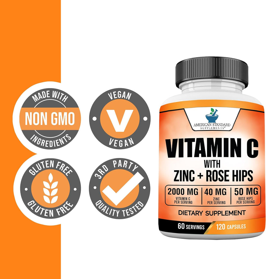 American Standard Supplements Vitamina C 2000mg con Zinc y Escaramujo - 120 Cápsulas