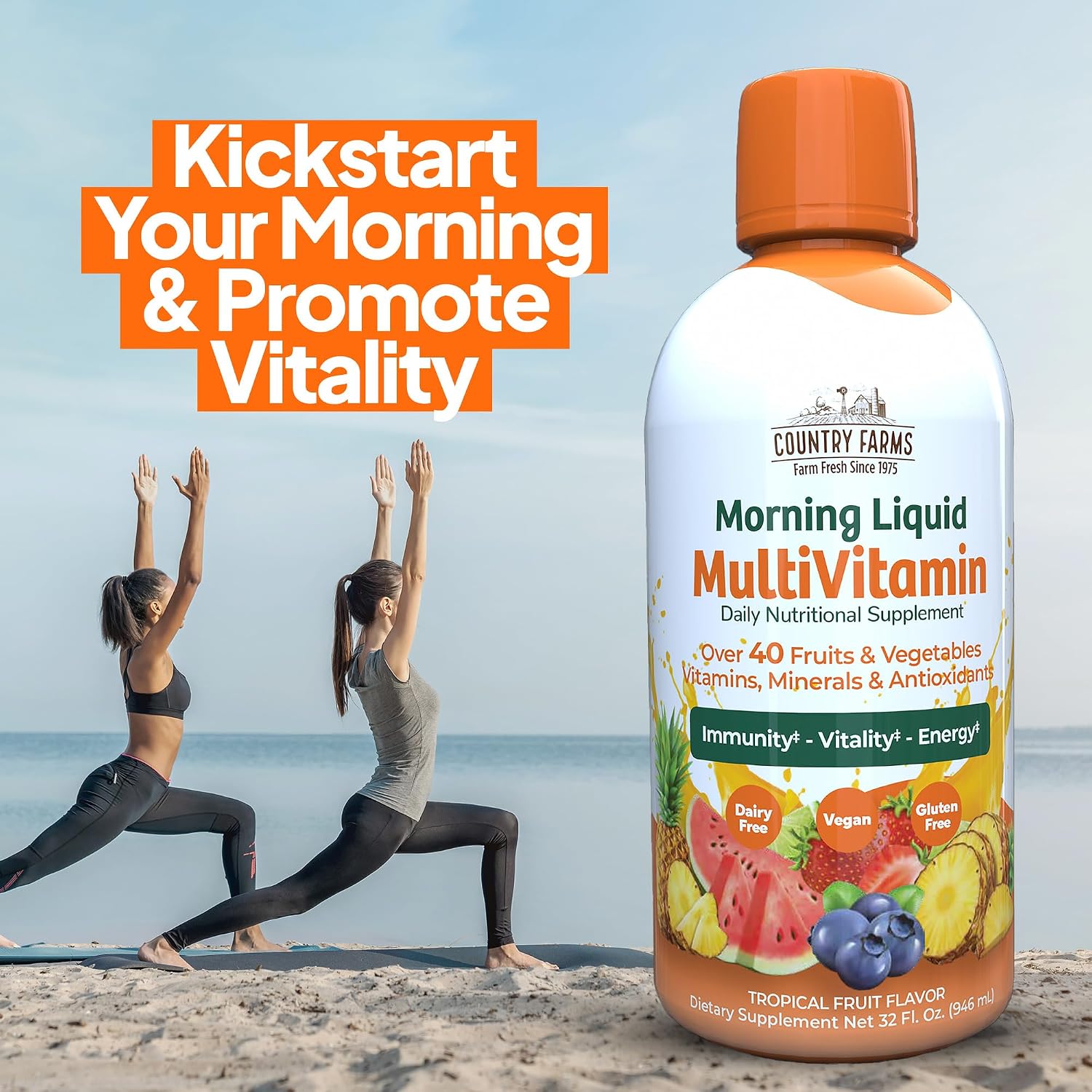 Country Farms Multivitamínico Líquido, Vitaminas y Minerales para Apoyo Inmunitario y Energía, Mezcla de Hierbas, Vegano, Sin Gluten, Sabor Fruta Tropical, 946 ml