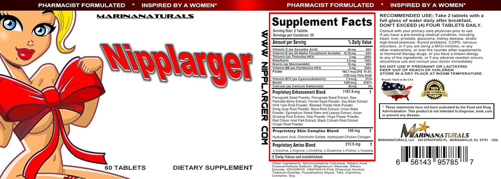 NIPPLARGER – Agrandamiento de pezones, senos y reafirmante de la piel, 60 comprimidos