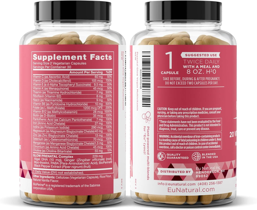 Eu Natural Glow Vitaminas Prenatales para Mujeres - Multivitamínico 20-en-1 con Folato y DHA Vegano - Apoya el Embarazo Saludable y el Desarrollo Fetal - 120 Cápsulas Vegetarianas