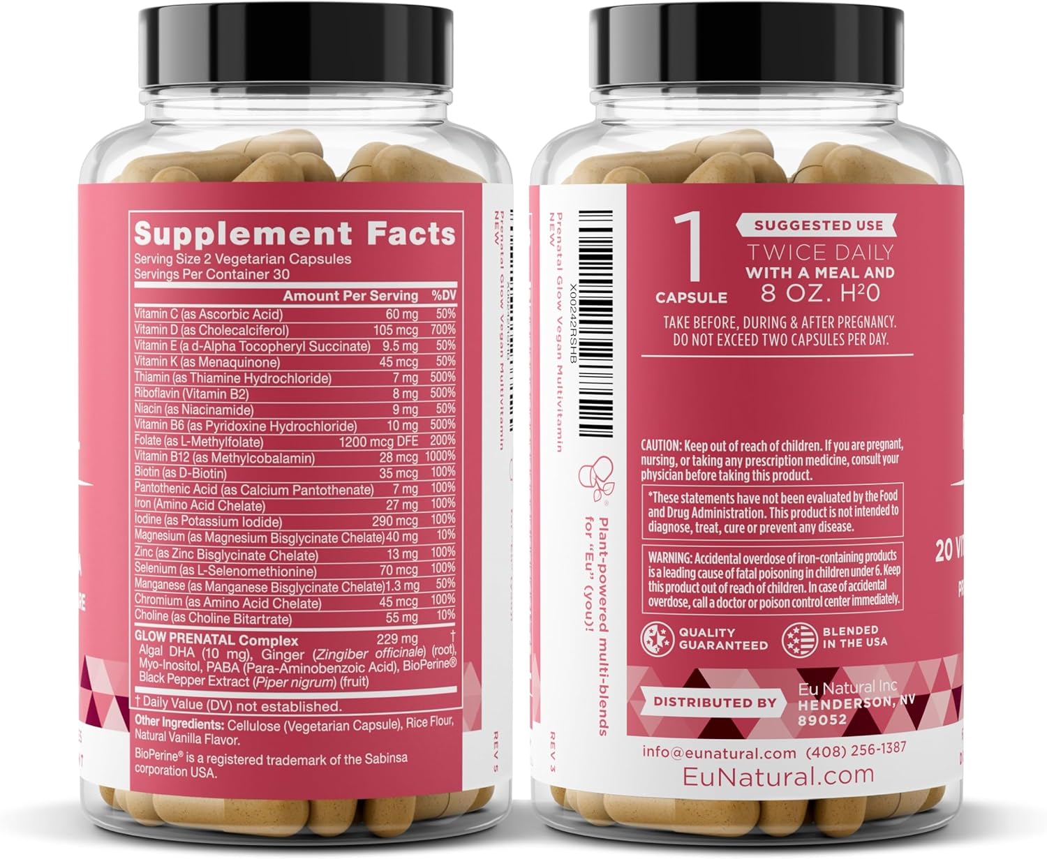 Eu Natural Glow Vitaminas Prenatales para Mujeres - Multivitamínico 20-en-1 con Folato y DHA Vegano - Apoya el Embarazo Saludable y el Desarrollo Fetal - 120 Cápsulas Vegetarianas