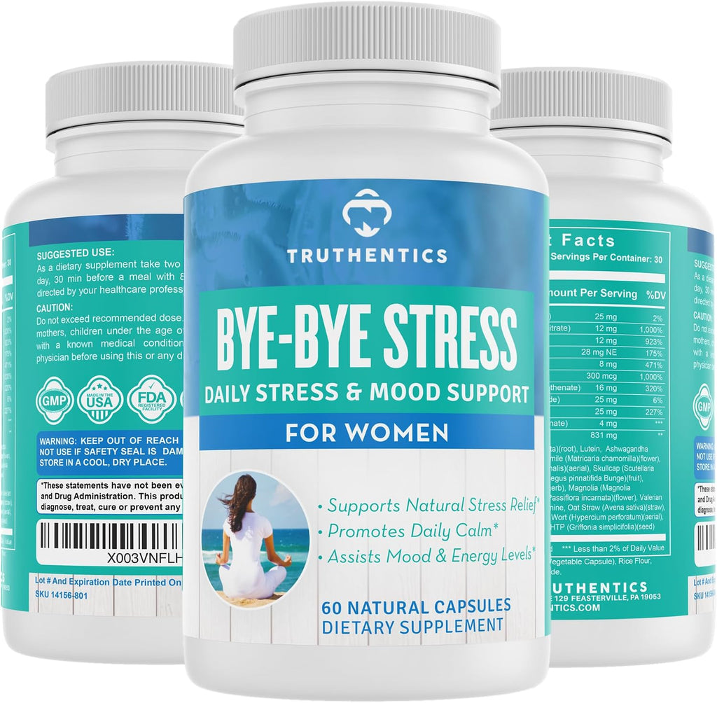 TRUTHENTICS Bye-Bye Stress - Suplemento para el Estrés y el Estado de Ánimo para Mujeres con Ashwagandha, GABA, Melisa, L-Teanina y Complejo B - Vegano - 60 Cápsulas