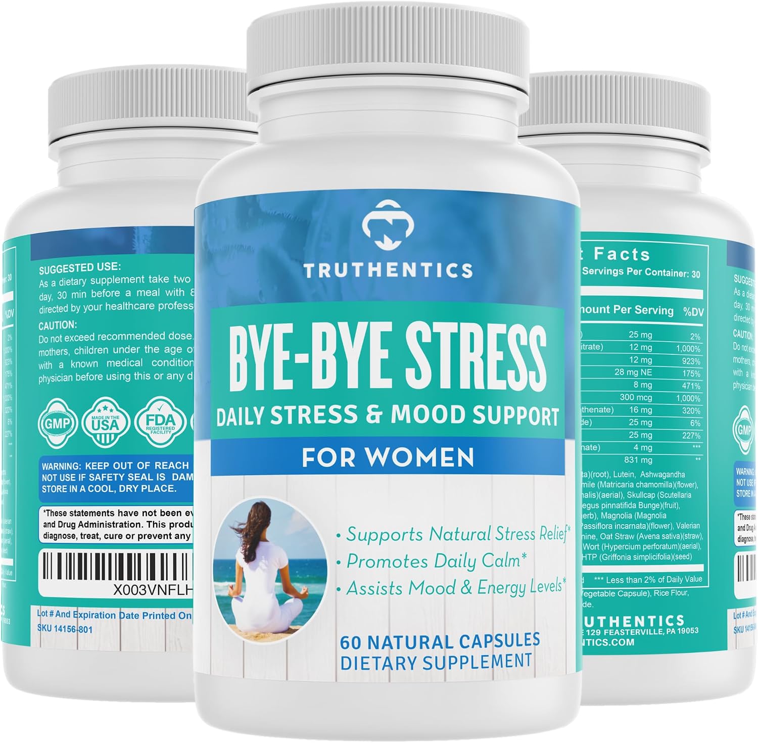 TRUTHENTICS Bye-Bye Stress - Suplemento para el Estrés y el Estado de Ánimo para Mujeres con Ashwagandha, GABA, Melisa, L-Teanina y Complejo B - Vegano - 60 Cápsulas