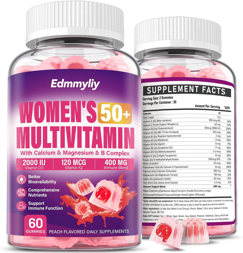Multivitamínico Gummy para Mujeres 50+ - Vitaminas A, C, D3, E, K2, Complejo B, Calcio, Magnesio