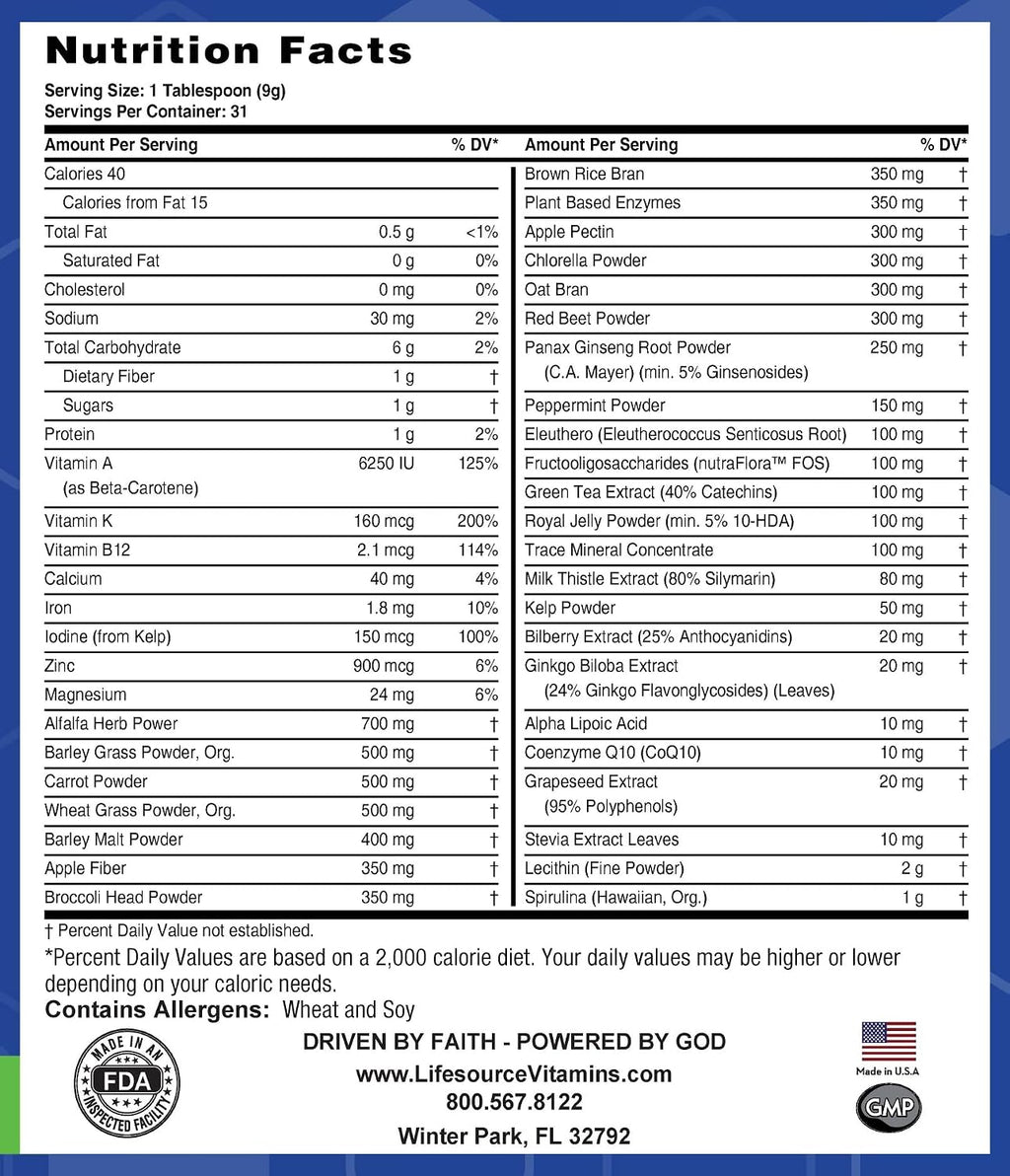 LifeSource Vitamins Green Phyto Foods 10 oz - 27 Organic Veggies - 72 Minerals
