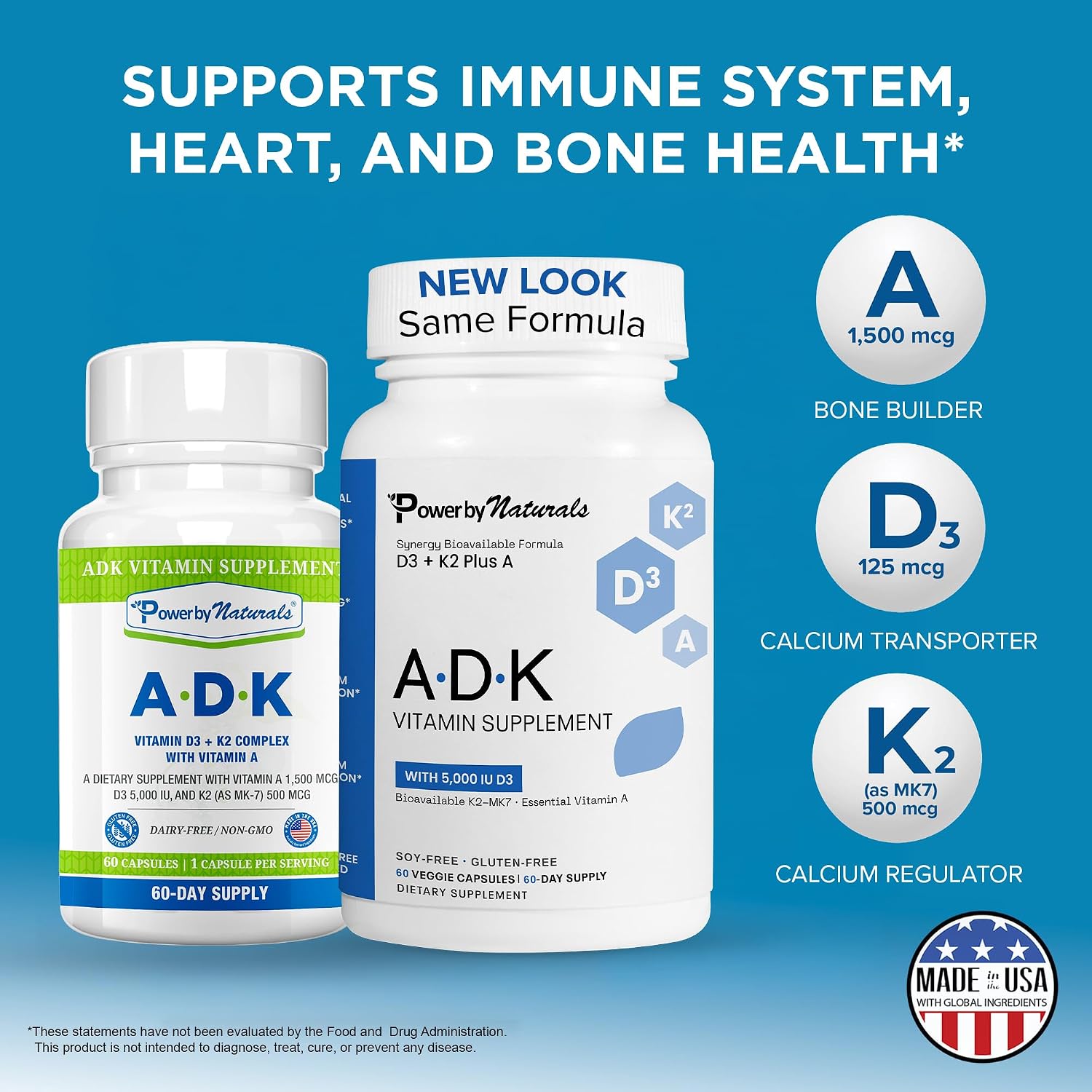 Power By Naturals ADK - Complejo de Vitaminas A, D3 y K2 MK-7 - 120 Cápsulas (2 Envases, 4 Meses)
