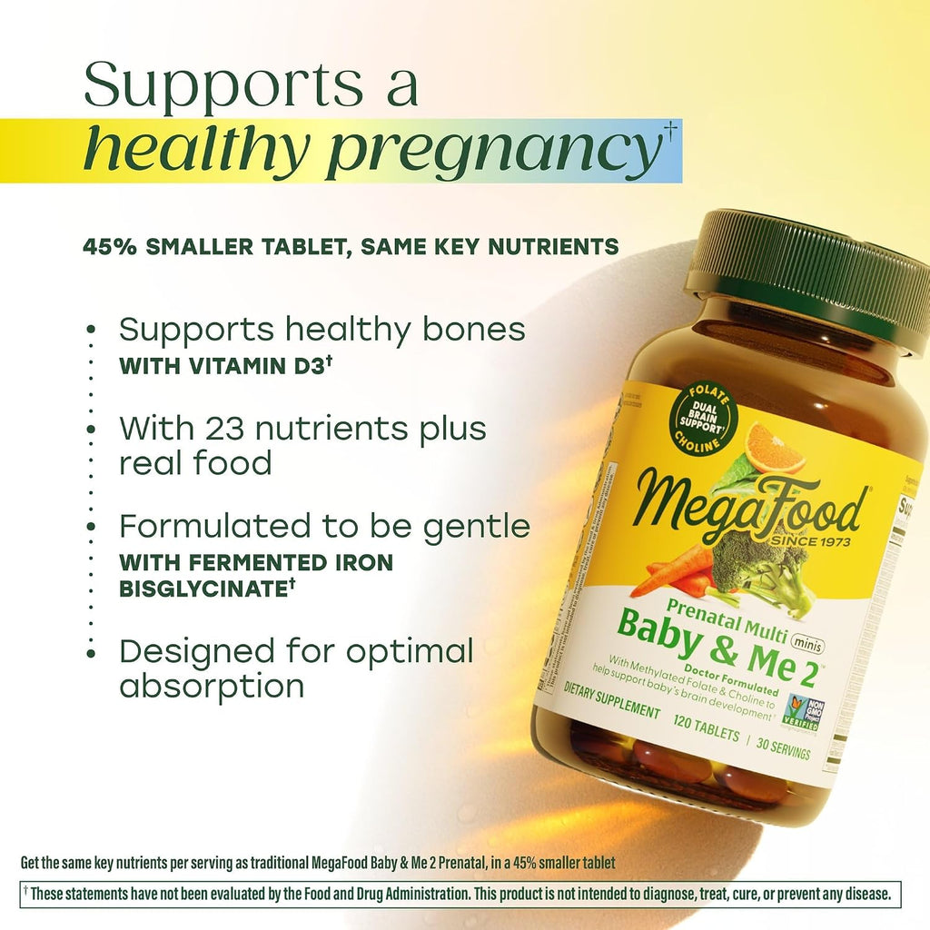 MegaFood Baby & Me 2 Prenatal Multi Minis - 120 Tabletas - Vitaminas Prenatales con Colina y Metil Folato